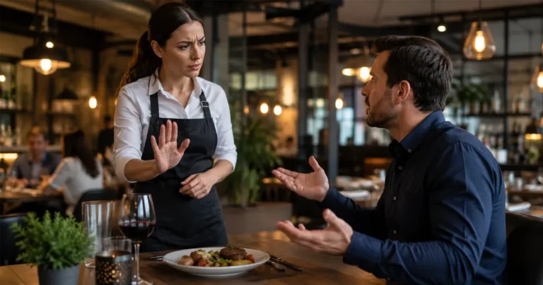 Cliente equivocado en un restaurante mientras el personal busca una solución profesional