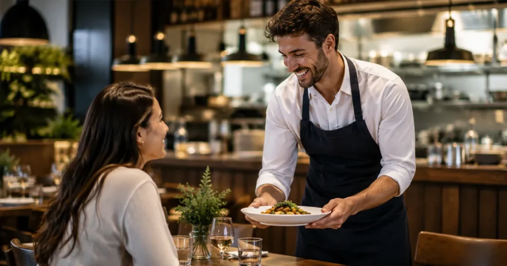 cliente-plato-favorito-camarero-restaurante Camarero atendiendo a una clienta en un restaurante, reflejando la importancia del servicio, la atención personalizada y la confianza del cliente.