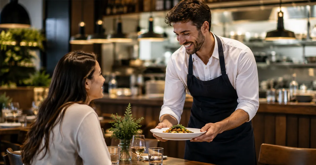 Camarero atendiendo a una clienta en un restaurante, reflejando la importancia del servicio, la atención personalizada y la confianza del cliente.