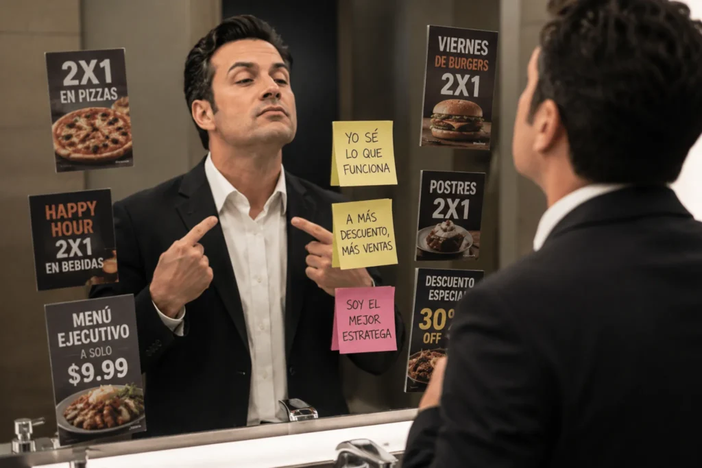 ego-reflejo-espejo Propietario de negocio reflexionando frente a un espejo, representando el ego y las decisiones que afectan la rentabilidad de un restaurante.