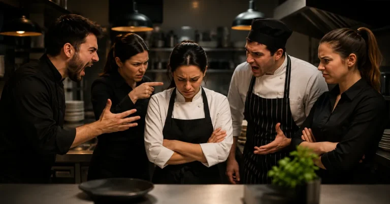 Equipo de restaurante mostrando conflictos y tensión en el ambiente laboral.