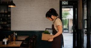 Empleada de restaurante saliendo del local cun una caja con sus pertenecias, despedida por falsas calumnias