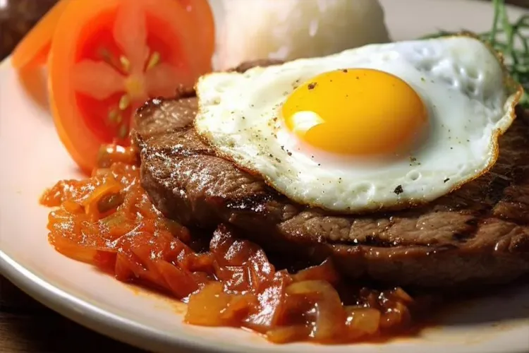 filete-de-res-a-caballo-con-huevo-frito.webp Filete de res a caballo con huevo frito y tomates salteados y arroz, un plato clásico del menú de un restaurante.