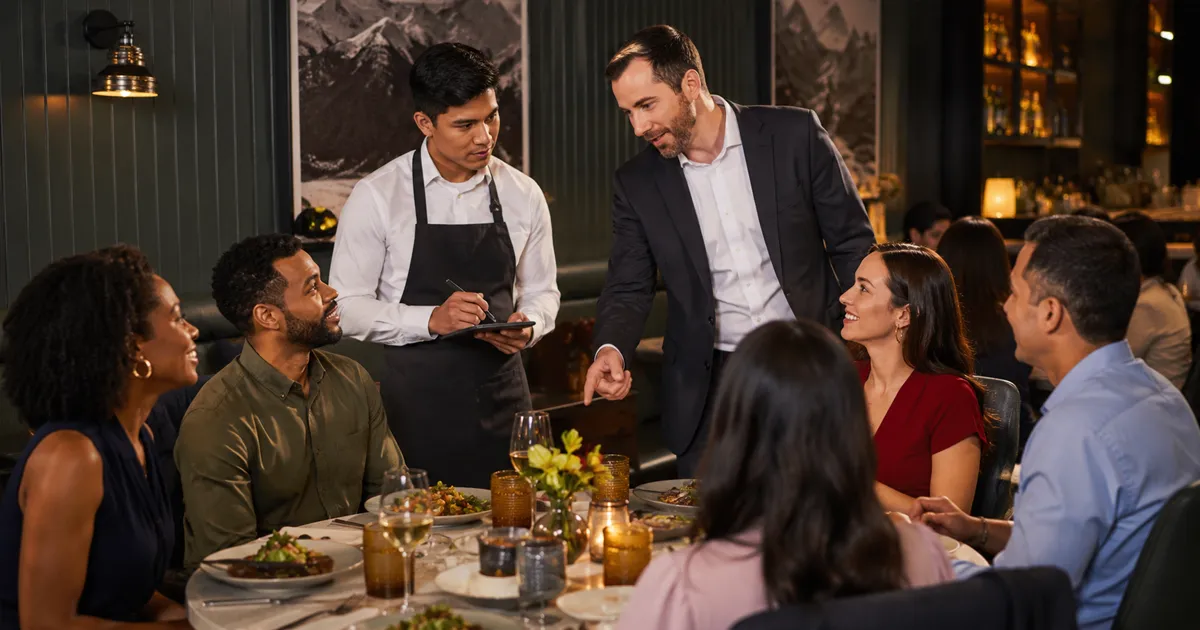 Supervisor de restaurante liderando al equipo y apoyando a un camarero mientras atienden una mesa de clientes, demostrando liderazgo y trabajo en equipo.